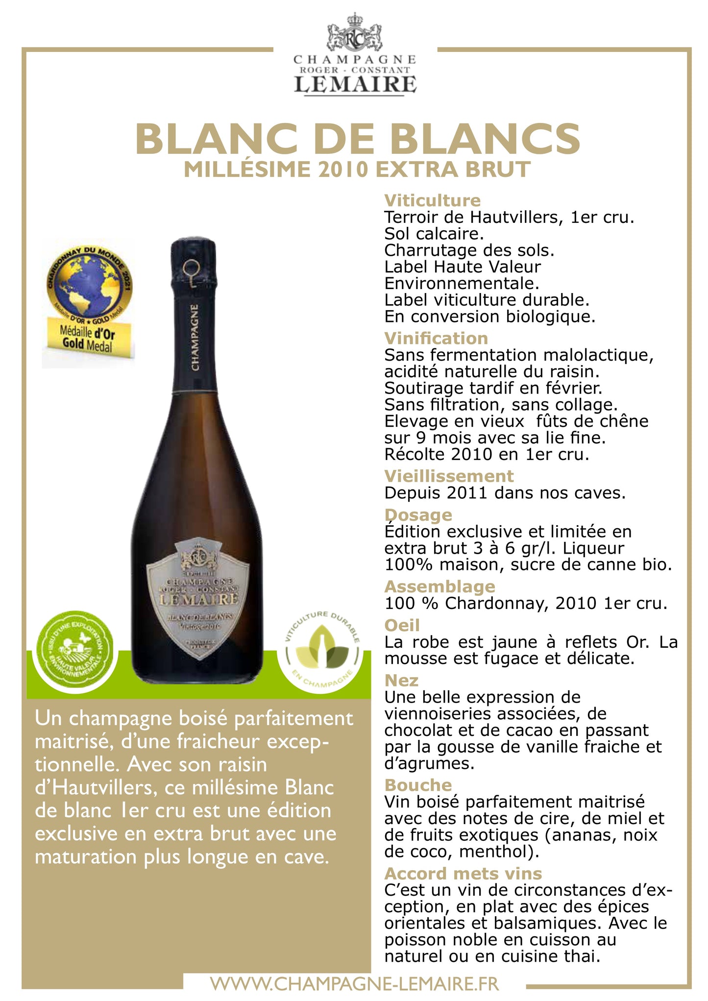 【在庫わずか】Roger-Constant Lemaire|ロジェ・コンスタン・ルメール|BLANC DE BLANCS MILLÉSIME 2010 EXTRA BRUT|ブラン・ドゥ・ブラン/ミレジム2010