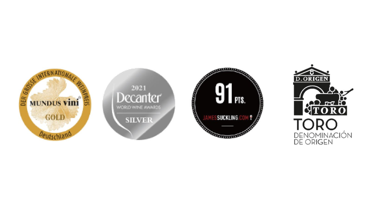 ブラックローズの受賞歴（MUNDUS VINI 金賞・Decanter 銀賞・James Suckling 91点）とD.O.トロのロゴ