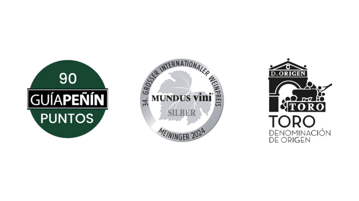 エン・ベナの受賞歴（Guía Peñín 90点・MUNDUS VINI 銀賞）とD.O.トロのロゴ